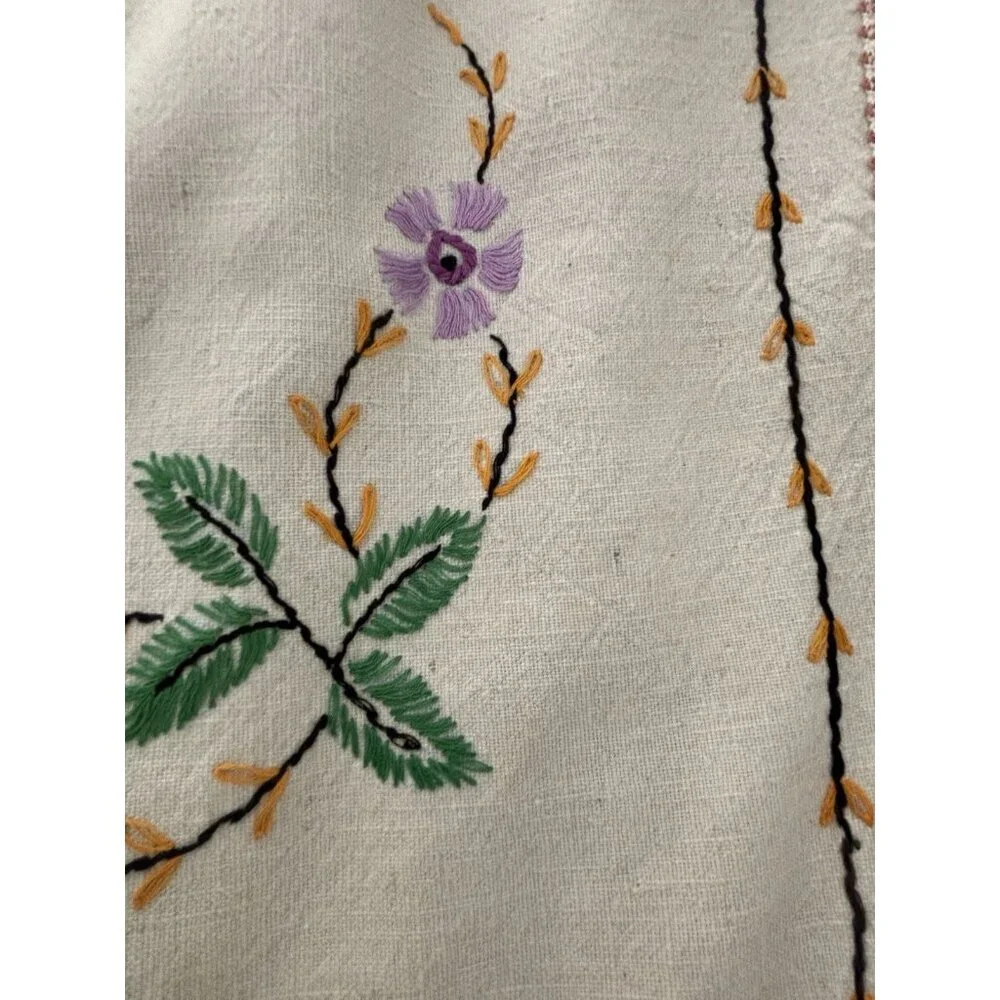 Vintage Hand Embroidery Cotton Table Cloth Floral 37x34” Square Ivory